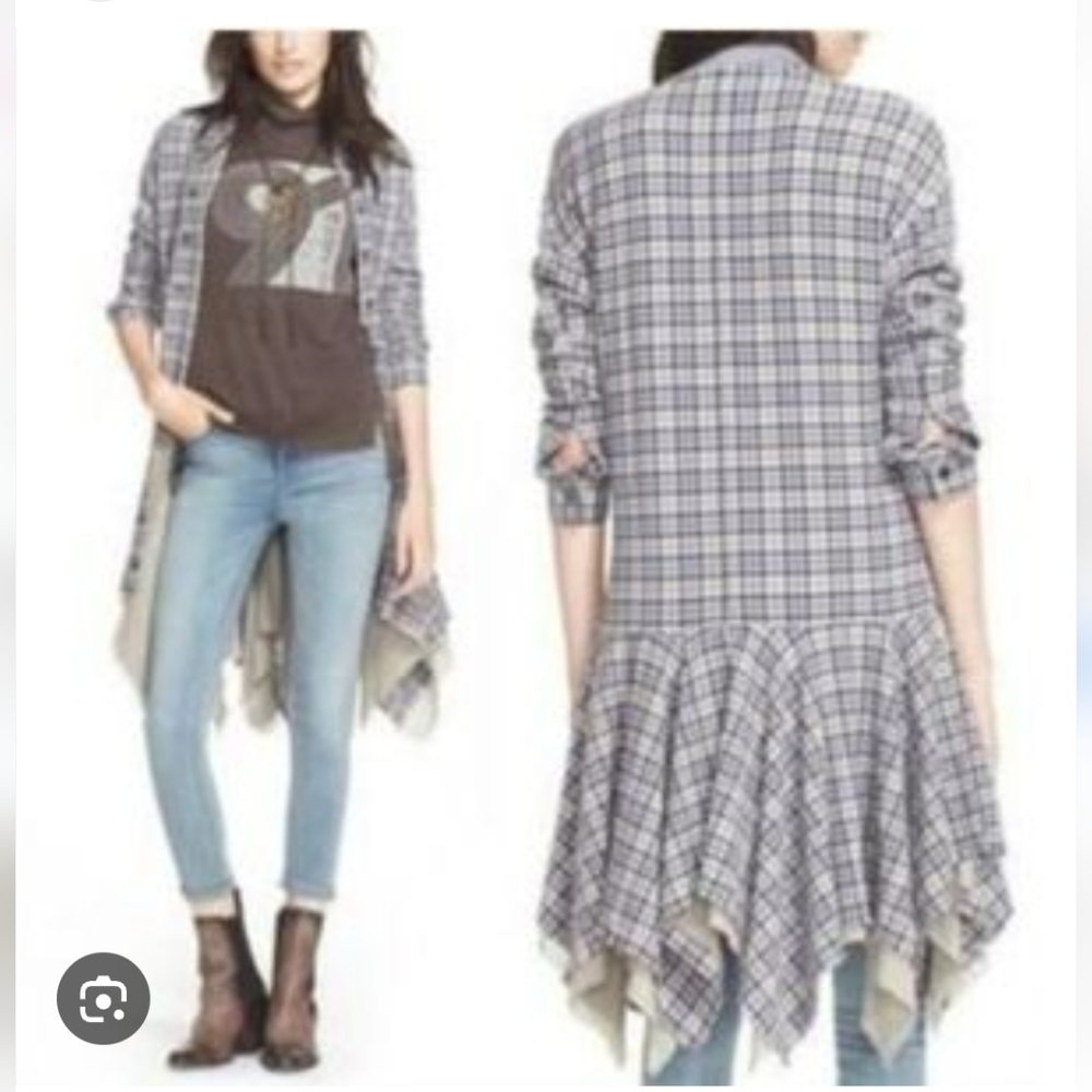 Free People Tattered Hem Shirt Jacket In Plaid Combo Dress Size Medium
